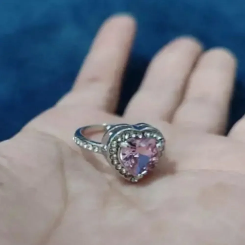 Ladies Pink Lab Created Diamond Trendy heart promise ring sz 7